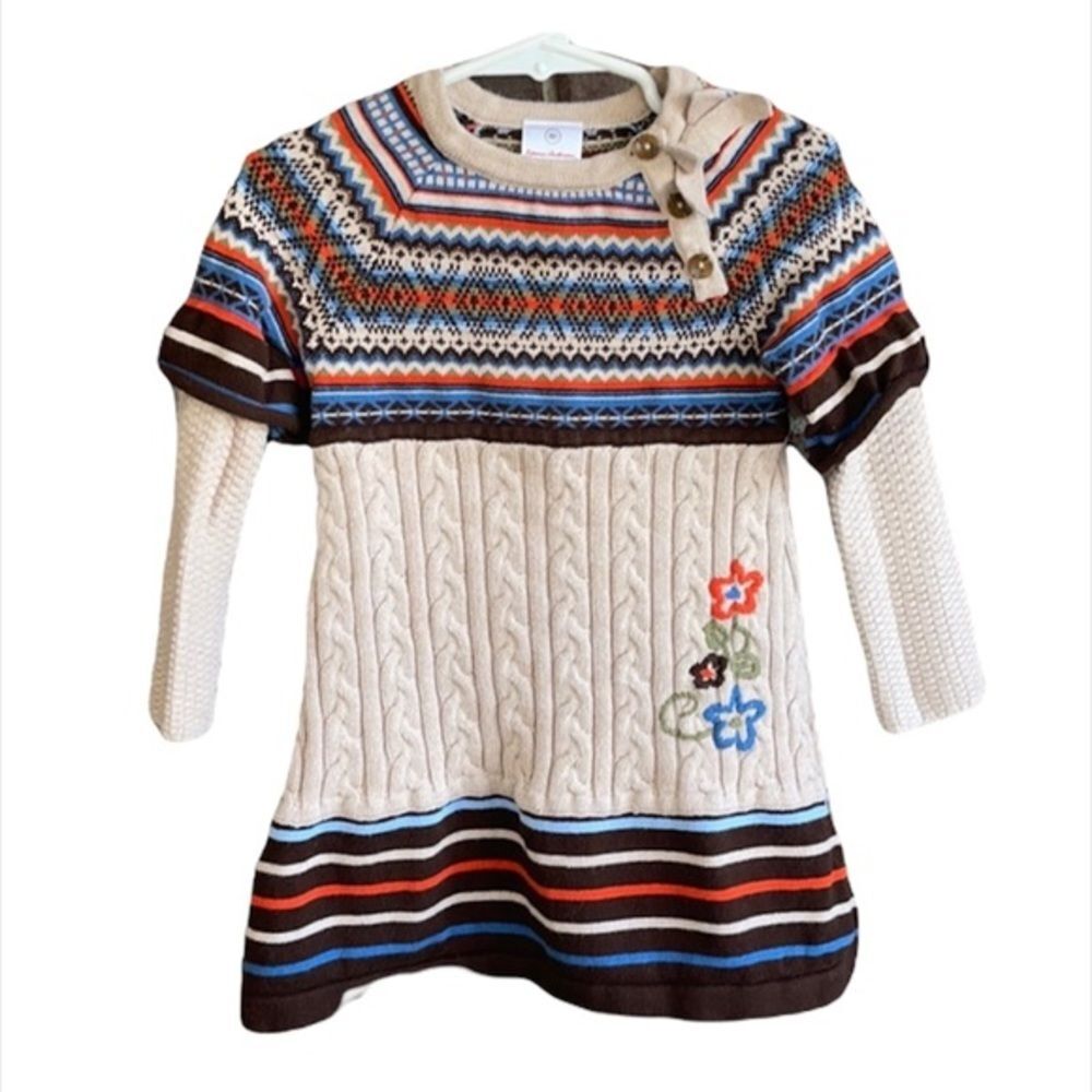 Hanna Andersson Fair Isle Cable Knit Sweater Dress Fair Size 80 US 2 Embroidery
